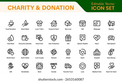 caridade e doação ícone conjunto. caridade e doação ícone conjunto, Ajuda, voluntário, doou assistência, compartilhamento, e símbolo de solidariedade. Coleção de ícones de tópicos.