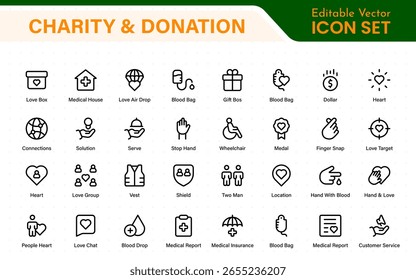 Conjunto de iconos de caridad y donación. conjunto de iconos de caridad y donación, ayuda, voluntariado, asistencia donada, intercambio y símbolo de solidaridad. Colección de iconos de contorno.