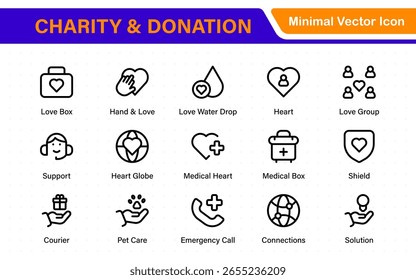 Conjunto de ícones de caridade e doação. Conjunto de ícones de caridade e doação, Ajuda, voluntário, assistência doada, compartilhamento e símbolo de solidariedade. Coleção de ícones de tópicos.
