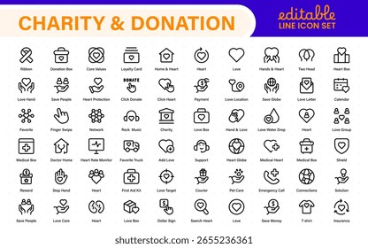 Conjunto de iconos de caridad y donación. conjunto de iconos de caridad y donación, ayuda, voluntariado, asistencia donada, intercambio y símbolo de solidaridad. Colección de iconos de contorno.