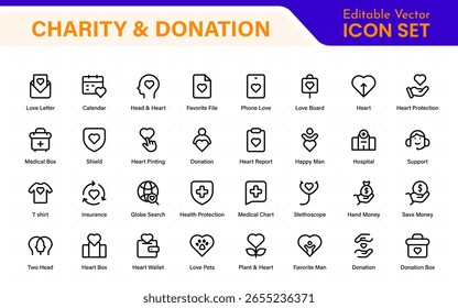 Conjunto de iconos de caridad y donación. conjunto de iconos de caridad y donación, ayuda, voluntariado, asistencia donada, intercambio y símbolo de solidaridad. Colección de iconos de contorno.