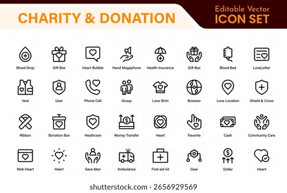 Conjunto de iconos de caridad y donación. conjunto de iconos de caridad y donación, ayuda, voluntariado, asistencia donada, intercambio y símbolo de solidaridad. Colección de iconos de contorno.