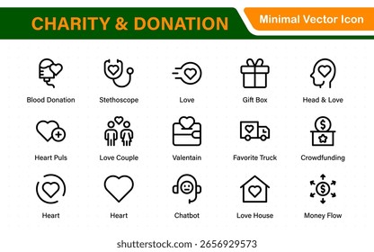 Conjunto de iconos de caridad y donación. conjunto de iconos de caridad y donación, ayuda, voluntariado, asistencia donada, intercambio y símbolo de solidaridad. Colección de iconos de contorno.