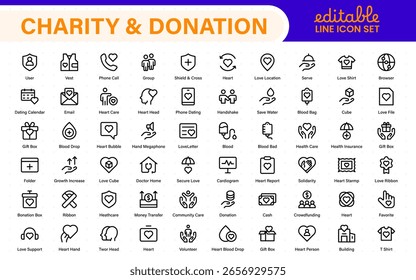 Charity and donation icon set. charity and donation icon set, Help, volunteer, donated assistance, sharing, and solidarity symbol. Outline icons  collection.