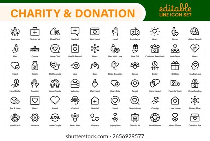 Conjunto de iconos de caridad y donación. conjunto de iconos de caridad y donación, ayuda, voluntariado, asistencia donada, intercambio y símbolo de solidaridad. Colección de iconos de contorno.