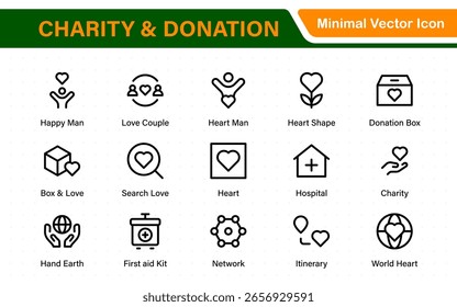 Charity and donation icon set. charity and donation icon set, Help, volunteer, donated assistance, sharing, and solidarity symbol. Outline icons  collection.