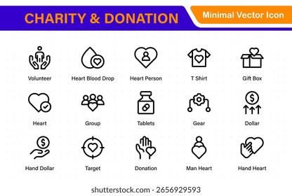 Conjunto de iconos de caridad y donación. conjunto de iconos de caridad y donación, ayuda, voluntariado, asistencia donada, intercambio y símbolo de solidaridad. Colección de iconos de contorno.
