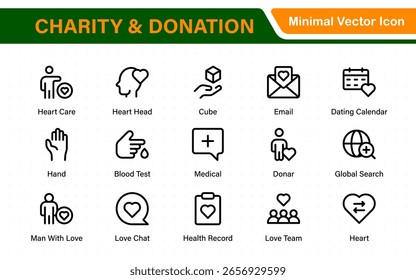 Conjunto de iconos de caridad y donación. conjunto de iconos de caridad y donación, ayuda, voluntariado, asistencia donada, intercambio y símbolo de solidaridad. Colección de iconos de contorno.