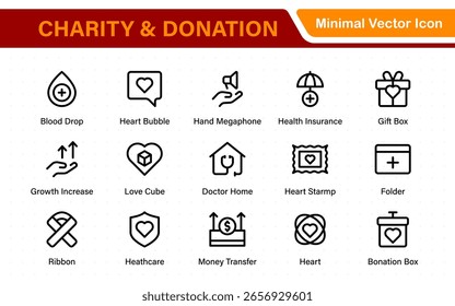 Conjunto de iconos de caridad y donación. conjunto de iconos de caridad y donación, ayuda, voluntariado, asistencia donada, intercambio y símbolo de solidaridad. Colección de iconos de contorno.