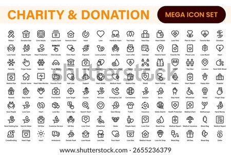 Charity and donation icon set. charity and donation icon set, Help, volunteer, donated assistance, sharing, and solidarity symbol. Outline icons  collection.