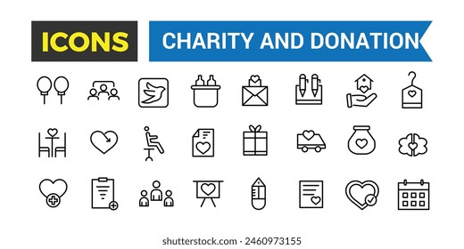 Charity And Donation Icon Set, Set Of Charity Line Icons, Simple Pictograms Pack, Stroke Vector Illustration