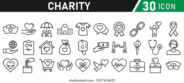 Charity and Donation icon set In liner style. Help, volunteer, support, donated, assistance, sharing, and solidarity symbol. Vector collection.