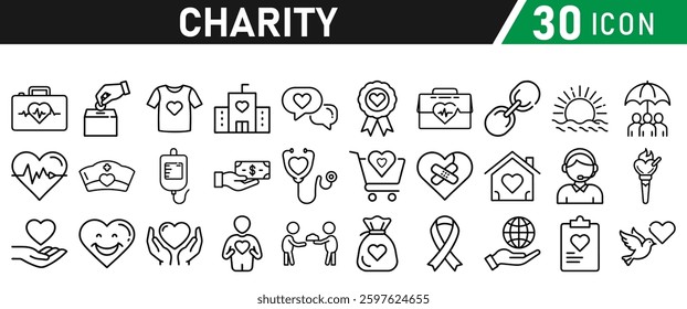 Charity and Donation icon set In liner style. Help, volunteer, support, donated, assistance, sharing, and solidarity symbol. Vector collection.