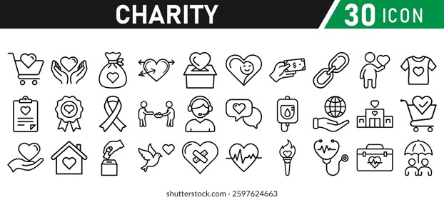 Charity and Donation icon set In liner style. Help, volunteer, support, donated, assistance, sharing, and solidarity symbol. Vector collection.