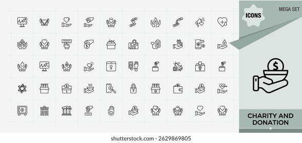 Charity And Donation icon set. Modern icons collection. Includes symbols for volunteer, linearity, donation, sponsor, support. Editable stroke. Vector collection. Donation simple icon set.