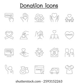 Charity and Donation icon set in thin line style