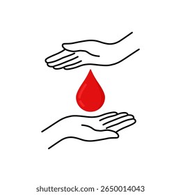 Icono de caridad o donación con dos manos y gota de sangre. Tendencia lineal simple Logotipo de atención médica moderna Elemento de Diseño gráfico aislado en blanco. Concepto de sangre y plasma anuales Donar en el hospital