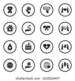 Charity And Donation Icons. Black Flat Design In Circle. Vector Illustration.