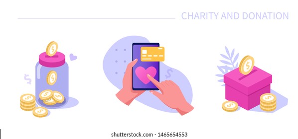 Charity and donation icons. Can use for backgrounds, infographics, hero images. Flat modern vector illustration.