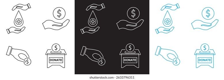Iconos de caridad y donación. Ayuda, cuidado, solidaridad, limosna, donar, voluntario, cuidado, icono de caridad. Ilustración vectorial. aislado en el fondo blanco y negro. EPS 10