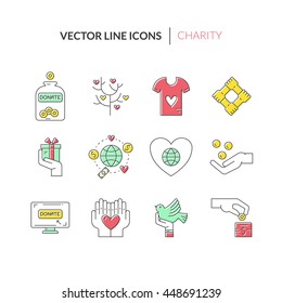 Charity and donation icons made in modern line style. Helping hand vector illustration. Vector symbols of fundraising, charity work, label for non-profit volunteer organization.
