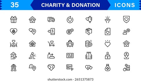Charity and Donation Icons in Minimal Vector Style Featuring Hands, Heart, Giving, Help, and Fundraising Symbols