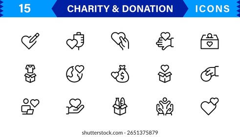 Charity and Donation Icons in Minimal Vector Style Featuring Hands, Heart, Giving, Help, and Fundraising Symbols