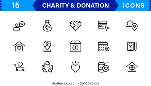 Iconos de caridad y donación en estilo de Vector mínimo con manos, corazón, donaciones, ayuda y símbolos de recaudación de fondos
