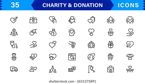 Charity and Donation Icons in Minimal Vector Style Featuring Hands, Heart, Giving, Help, and Fundraising Symbols