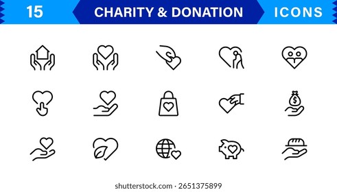 Charity and Donation Icons in Minimal Vector Style Featuring Hands, Heart, Giving, Help, and Fundraising Symbols