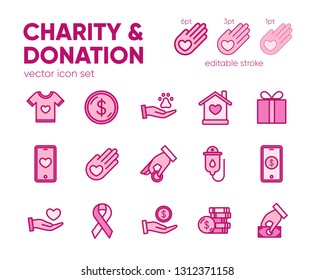 Charity and donation icons set, logotype, badge. Friendship, Generous, volunteer center, fundraising event, organization with text place. Vector outline icon. Editable stroke.