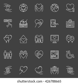 Charity and donation icons - vector set of thin line volunteering signs. Love and care pictograms on dark background