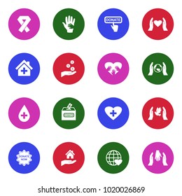 Charity And Donation Icons. White Flat Design In Circle. Vector Illustration. 