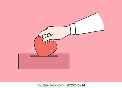 Charity donation and kindness concept. Human hand putting big red heart into donation box for charity over pink background vector illustration 