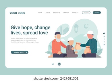 Charity and donation landing page template header web. Muslim people paying zakat vector illustration