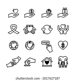 Charity and donation line icon set. Editable stroke vector, isolated at white background