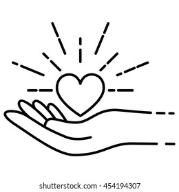 Charity and donation line icon whith heart in hand