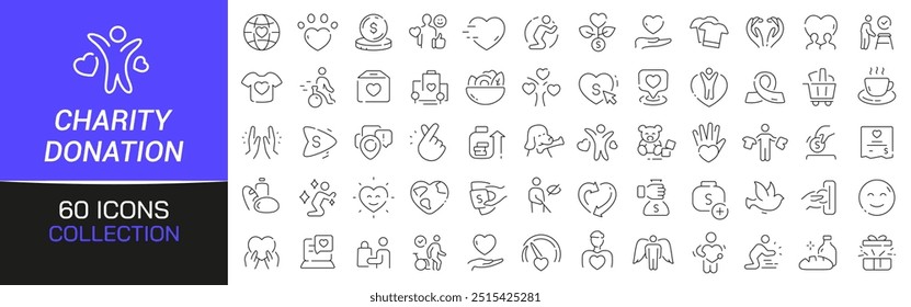 Charity and donation line icons collection. Thin outline icons pack. UI icon collection. Set of line web pictogram