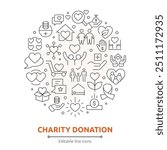 Charity and donation line icons set. Donate, Giving, trust, social care, NGO, helping hands, and help icon collection. Nonprofit organization, responsibility, Community, Humanitarian thin outline icon