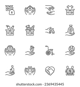 Charity and donation line icons set, outline vector symbol collection, linear style pictogram pack. Signs, logo illustration. Set includes icons as money donate, charity organization, volunteering