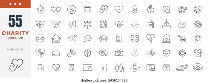 Charity and donation line icons set. Donate, charity, Giving, community, solidarity, trust, social care, NGO, helping hands, partnership, and help icon collection. Philanthropy, Nonprofit organization