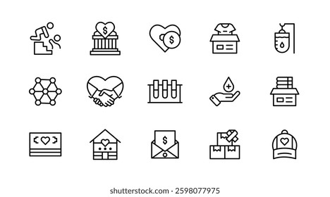 Charity and donation line icons set. Donate, charity, Giving, community, solidarity, trust, social care, NGO, helping hands, partnership, and help icon collection. Nonprofit organization icons