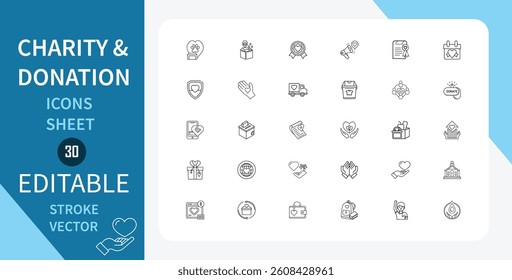 Charity and Donation line icons set. contribution, generosity, altruism, care, hand, heart and more. Outline vector icon in linear style. Editable stroke. Vector illustration.