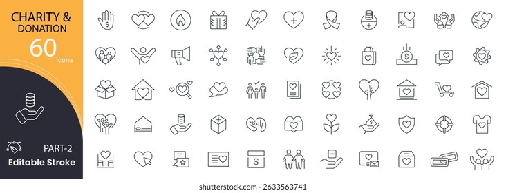 Conjunto de ícones de linha de doação e caridade. Doar, caridade, Doação, comunidade, solidariedade, confiança, assistência social, ONG, ajuda mãos e parceria esboçar coleção de ícones.