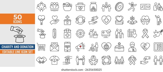 Charity and Donation Line Icons Set – Volunteering, Helping Hands, Giving, Solidarity and Support Symbols for Web and Mobile UI