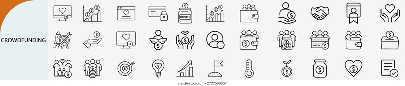 “Crowdfunding y donación de caridad lineal icon set, Vector de Asistencia financiera”