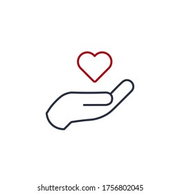 Charity donation linear icon. Share your love with others. Contribution hand and heart. Concept for voluntary non profit organization or health and healthcare themes.