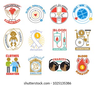 Charity or donation logo vector donator donating blood charitably logotype illustration charitable activity of donated volunteers set isolated on white background