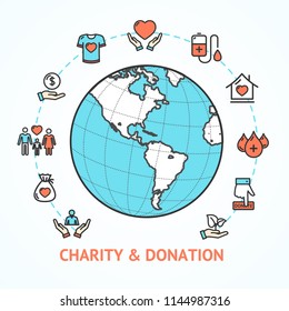 Charity Donation with Map Globe and Color Outline Icons Isolated on White Background. Vector illustration of Worldwide Help
