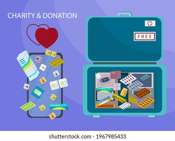 Charity and donation. Medicine chest, first aid kit, vector illustration. Help and philanthropy concept. Volunteering and free humanitarian aid for medicines. Sponsorship. Online registration by phone